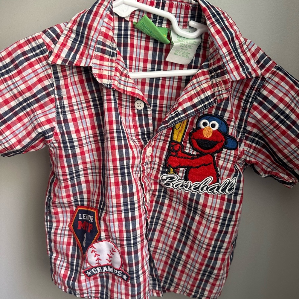 Sesame Street Plaid Baseball Kids Shirt with Elmo